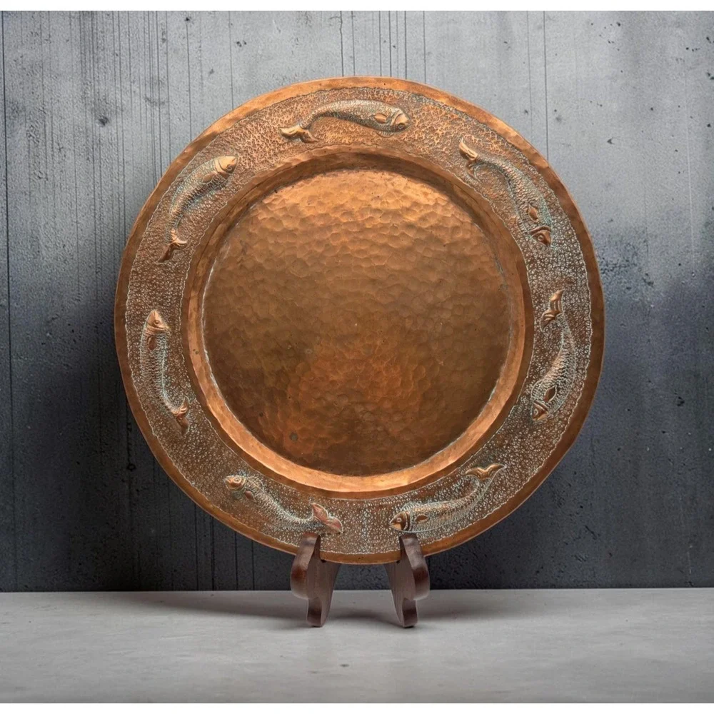 Vintage French Repoussé Hammered Copper Fish Wall Charger Plate Nautical 546g